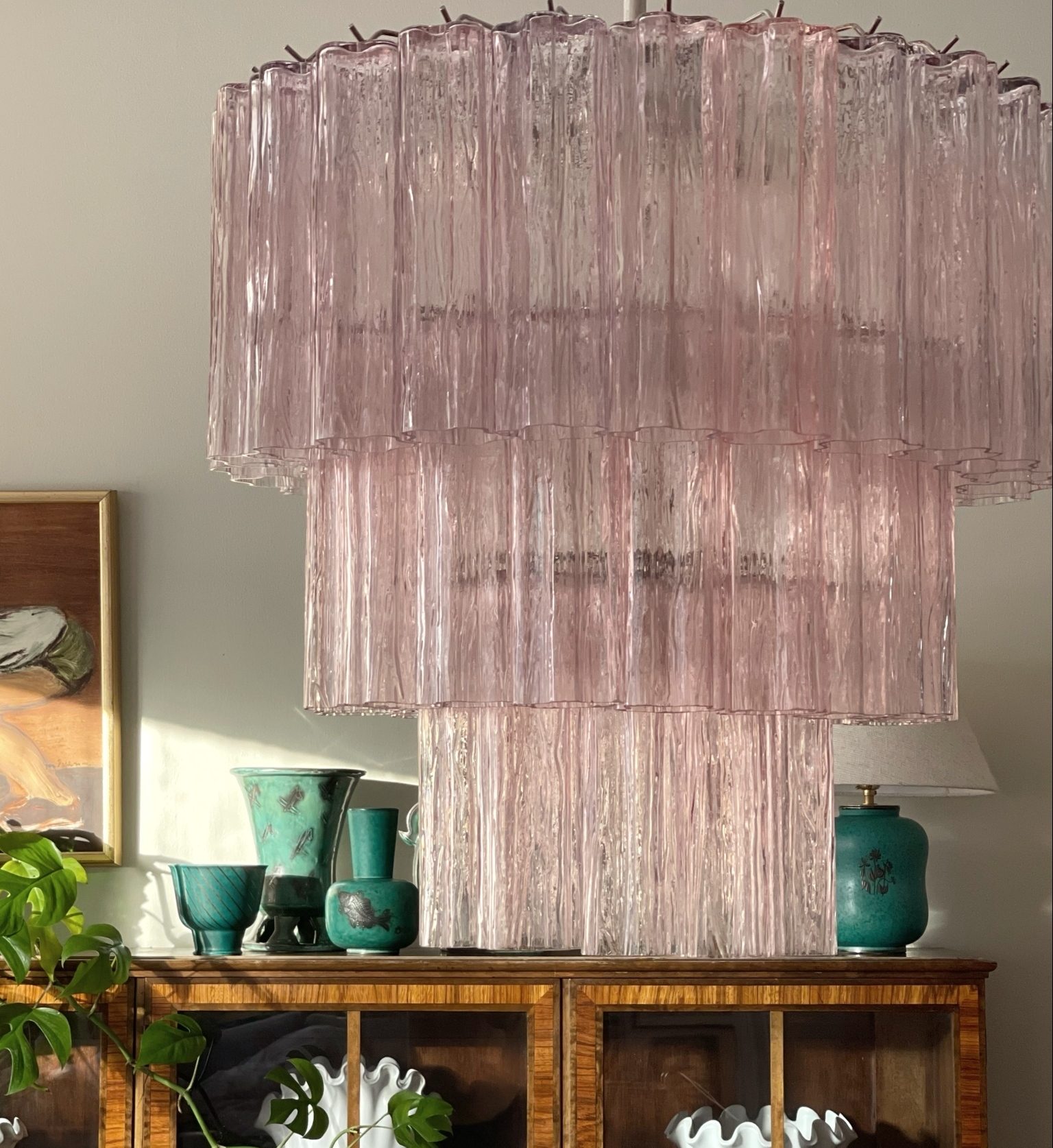 Three-tiered, pink Murano glass chandelier